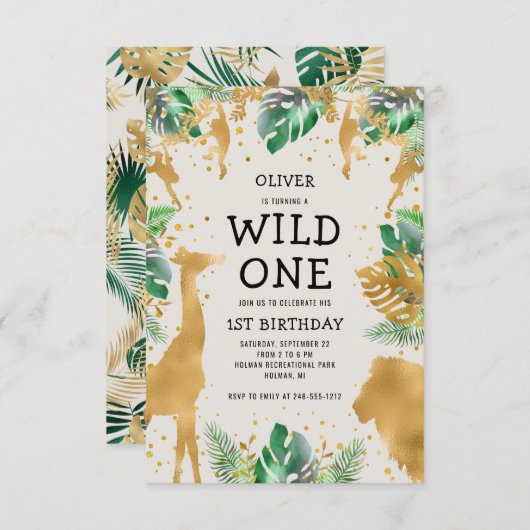 Wild One Safari Green Gold Ecru 1e verjaardag Kaart (Voorkant / Achterkant)