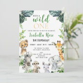 Wild One Safari groene bladeren Verjaardag Uitnodi Kaart (Staand voorkant)