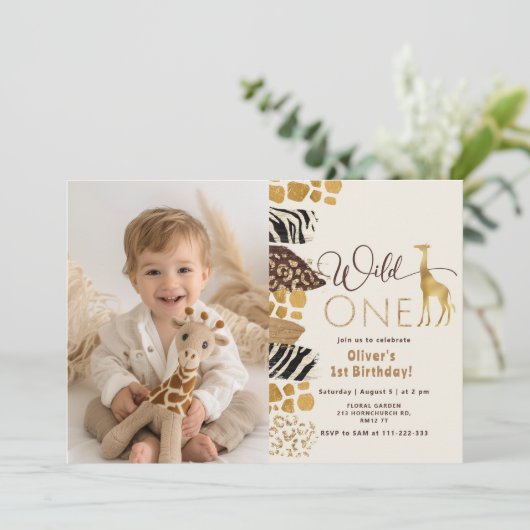 Wild One Safari jongen 1e verjaardag giraffe foto Kaart (Staand voorkant)