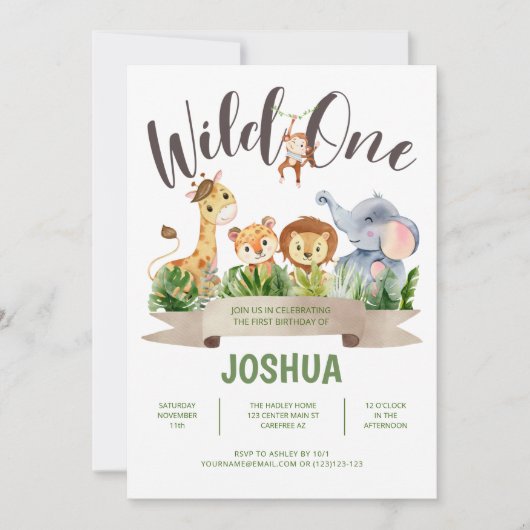 Wild One Safari Kind Birthday Invitation Kaart (Voorkant)