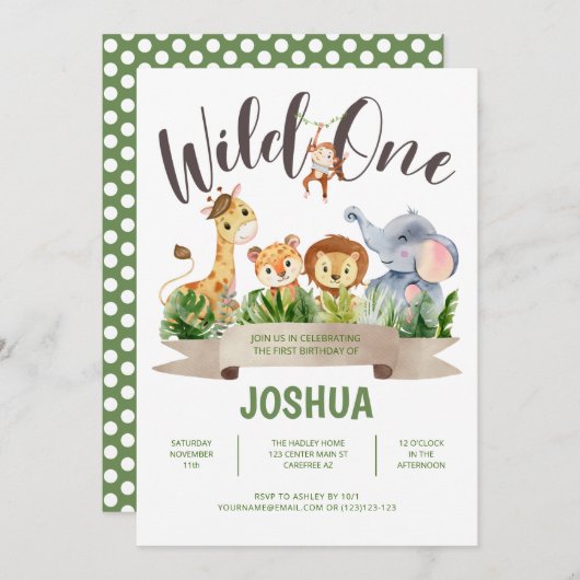 Wild One Safari Kind Birthday Invitation Kaart (Voorkant / Achterkant)