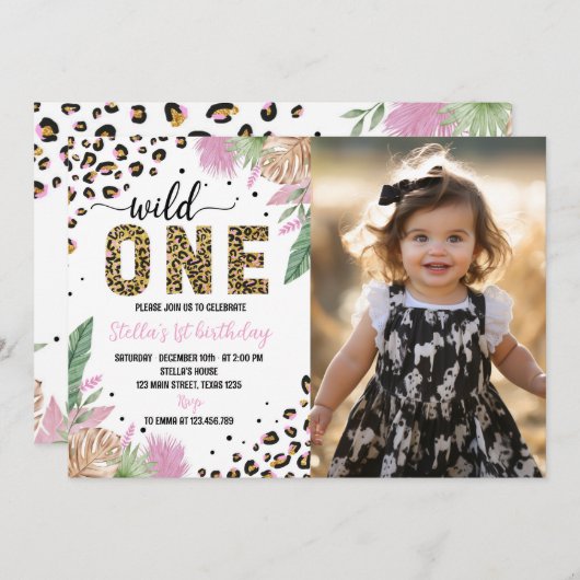 Wild One Safari Leopard 1e Verjaardag uitnodiging (Voorkant / Achterkant)