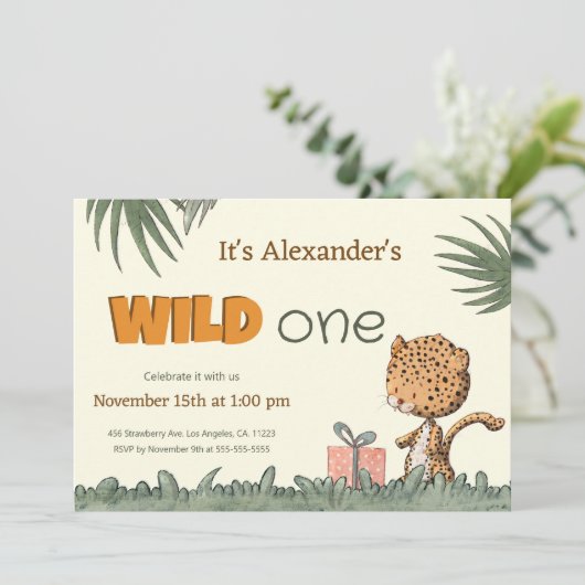Wild One Safari Leopard First Birthday Kaart (Staand voorkant)