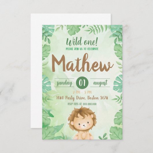 Wild One Safari Lion Invitation (Voorkant / Achterkant)