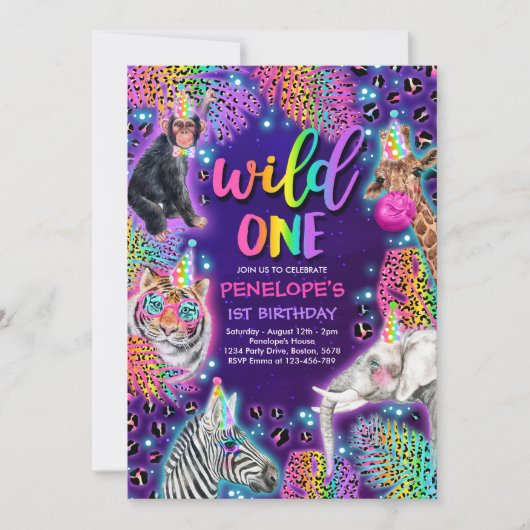 Wild One Safari Neon Rainbow Cheetah Birthday Kaart (Voorkant)
