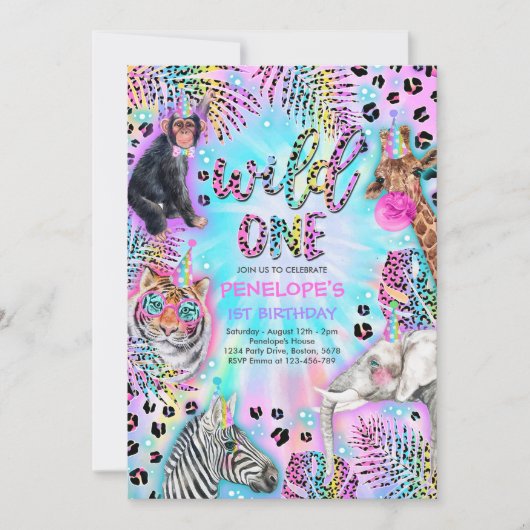 Wild One Safari Neon Rainbow Cheetah Birthday Kaart (Voorkant)