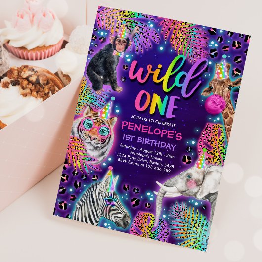 Wild One Safari Neon Rainbow Cheetah Birthday Kaart