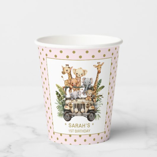 Wild One Safari Oerwoud 1e eerste verjaardag roze Papieren Bekers (Achterkant)