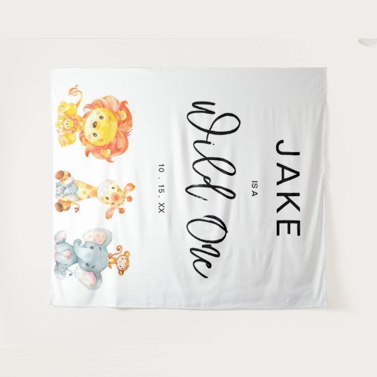 Wild One Safari Oerwoud 1st Birthday Party - achte Wandkleed (Voorkant (horizontaal))