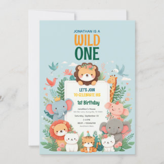 Wild One Safari Oerwoud Animal Birthday Invitation Kaart