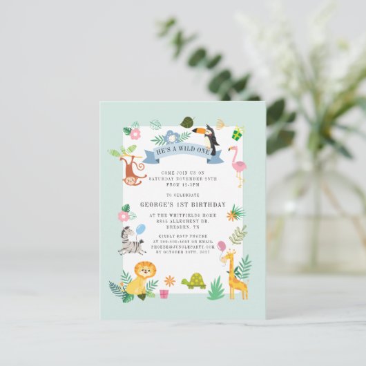 Wild One Safari Oerwoud Animals 1ste verjaardag Uitnodiging Briefkaart (Staand voorkant)