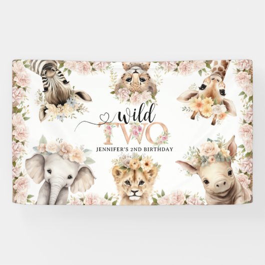 Wild ONE Safari Oerwoud Animals 2e verjaardagsfees Spandoek (Horizontaal)