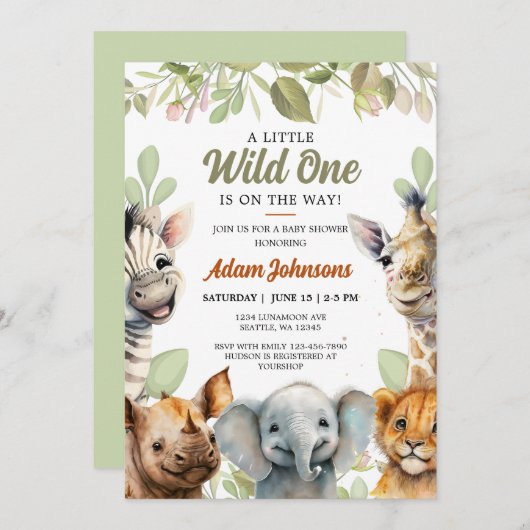 Wild One Safari Oerwoud Bloemen Baby shower Kaart (Voorkant / Achterkant)