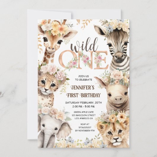 Wild One Safari Oerwoud Dieren Meisje 1e Verjaarda Kaart (Voorkant)