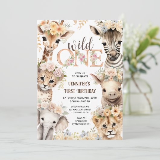 Wild One Safari Oerwoud Dieren Meisje 1e Verjaarda Kaart (Staand voorkant)