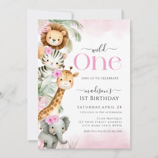 Wild One Safari Oerwoud Dierenmeisje 1e verjaardag Kaart