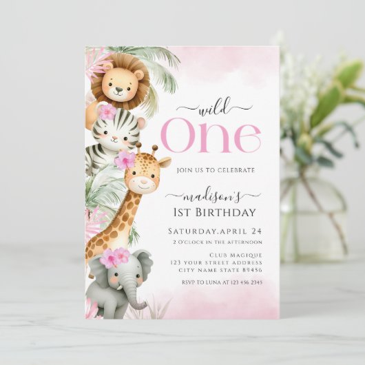 Wild One Safari Oerwoud Dierenmeisje 1e verjaardag Kaart (Staand voorkant)