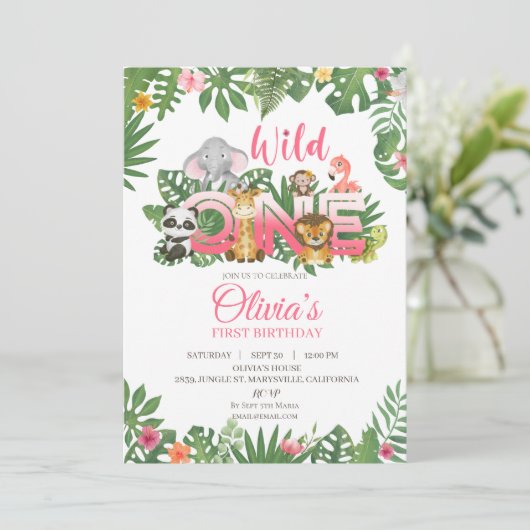 Wild One Safari Oerwoud First Birthday Baby Girl Kaart (Staand voorkant)