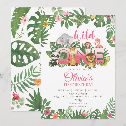 Wild One Safari Oerwoud First Birthday Baby Girl Kaart (Voorkant / Achterkant)