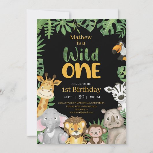 Wild One Safari Oerwoud First Birthday black Kaart (Voorkant)