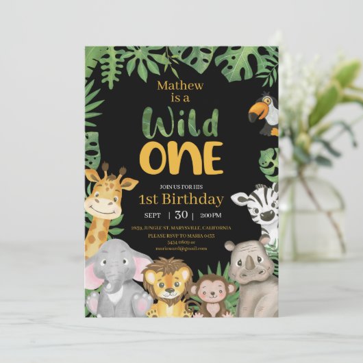 Wild One Safari Oerwoud First Birthday black Kaart (Staand voorkant)