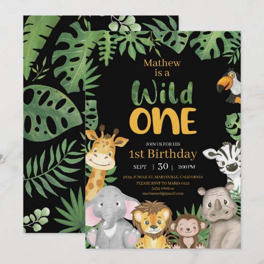 Wild One Safari Oerwoud First Birthday black Kaart (Voorkant / Achterkant)