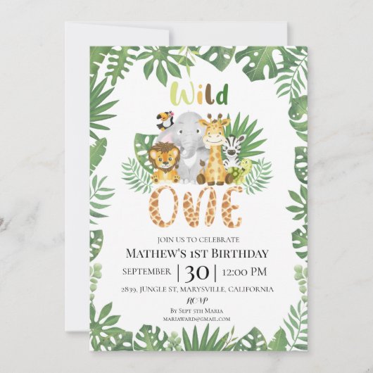 Wild One Safari Oerwoud First Birthday Invitation Kaart (Voorkant)