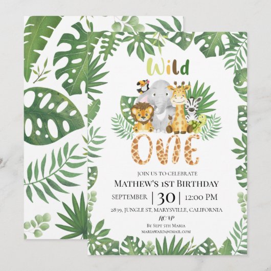 Wild One Safari Oerwoud First Birthday Invitation Kaart (Voorkant / Achterkant)