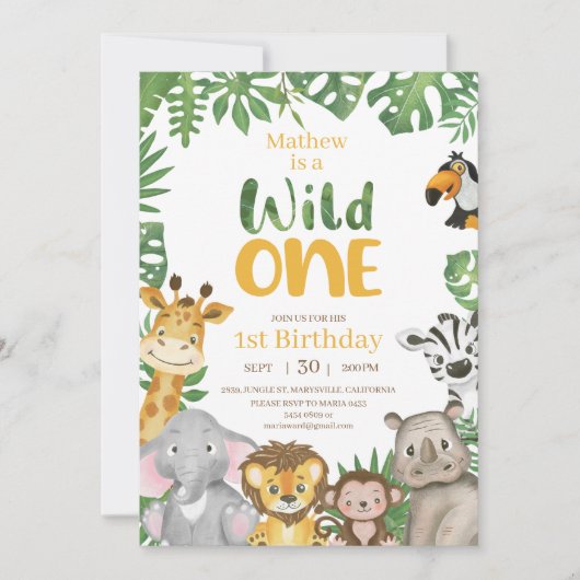Wild One Safari Oerwoud First Birthday Yellow Kaart (Voorkant)