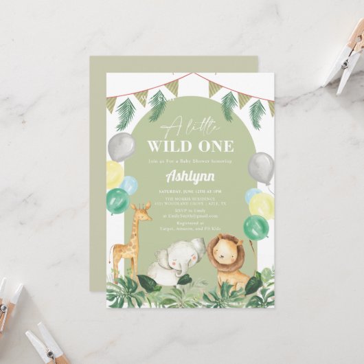 Wild One Safari Oerwoud Greenery Boy Baby shower Kaart (Voorkant / Achterkant in situ)