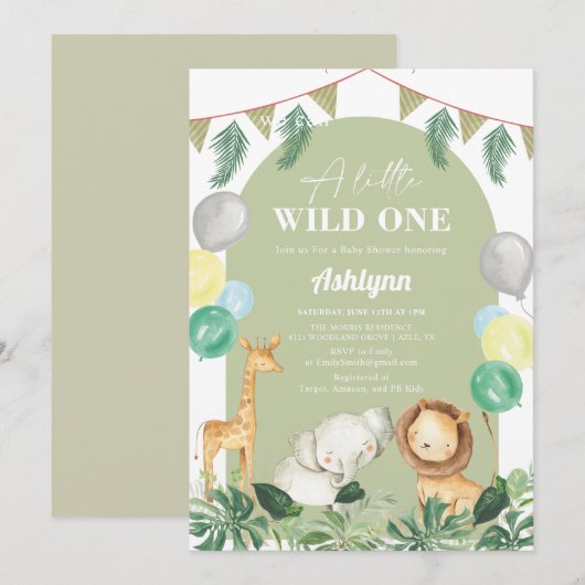 Wild One Safari Oerwoud Greenery Boy Baby shower Kaart (Voorkant / Achterkant)