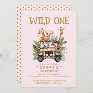 Wild One Safari Oerwoud Roze 1e Verjaardag Kaart