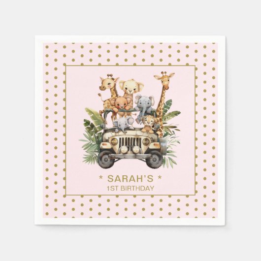 Wild One Safari Oerwoud Roze 1e Verjaardag Servet (Voorkant)