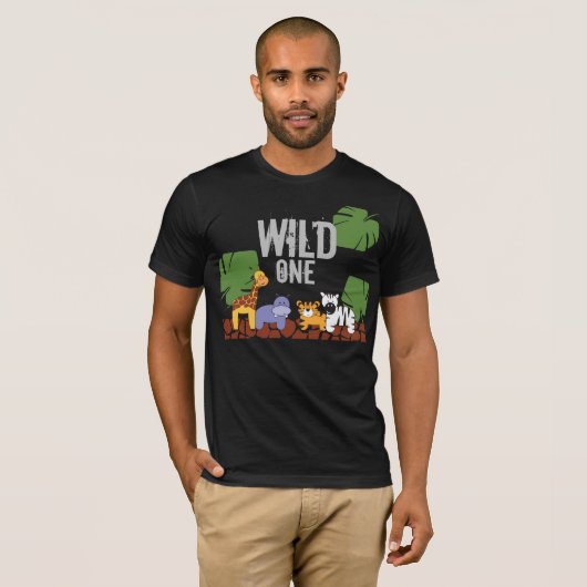 WILD ONE Safari Oerwoud Thema Eerste Verjaardag zw T-shirt (Voorkant volledig)