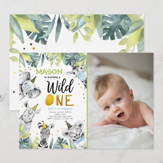 Wild One Safari Party Animals Boy Kaart (Voorkant / Achterkant)