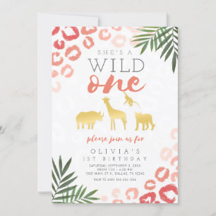 Wild One Safari Pink and Gold 1st Birthday Kaart