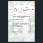 Wild One Safari 'Raad eens wie' Baby shower Game F Flyer<br><div class="desc">Ontworpen om te coördineren met onze 'Wild One safari' babydoucheuitnodigingen. Dit schattige baby shower 'Raad eens wie' Mammie- of Papa-spel, bevat illustraties van de waterverf van een aap en papegaai, onder een groene achtergrond van het oerwoud. . Elke vraag kan worden bewerkt, dus als je ze wilt wijzigen, kun je...</div>