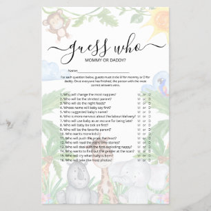 Wild One Safari 'Raad Wie' Baby Shower Spel Flyer