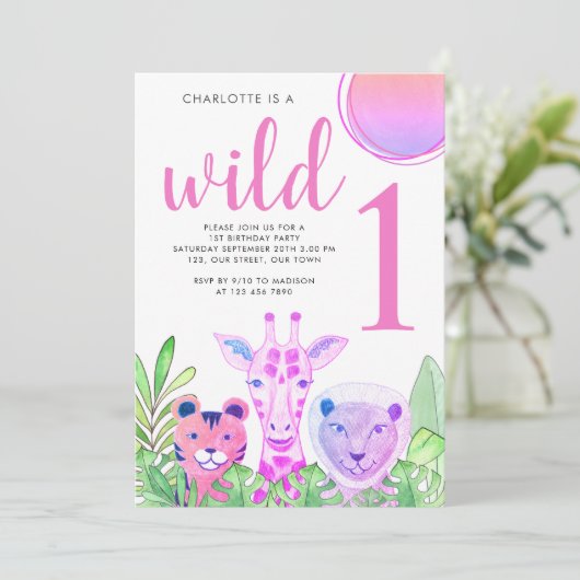 Wild One Safari Roze 1e Verjaardag Kaart (Staand voorkant)