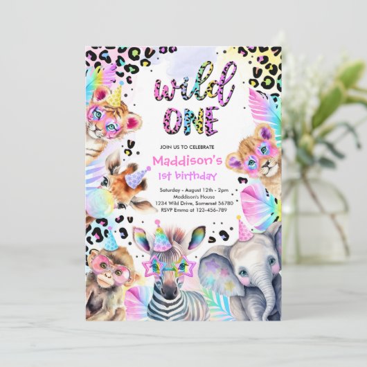 Wild One Safari Roze Meisje Leopard Verjaardagsfee Kaart (Staand voorkant)