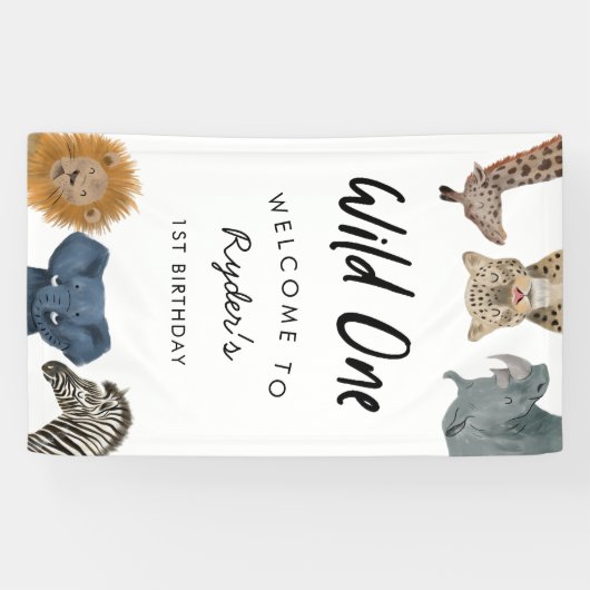 Wild One Safari Theme Boy's 1st Birthday Spandoek (Horizontaal)