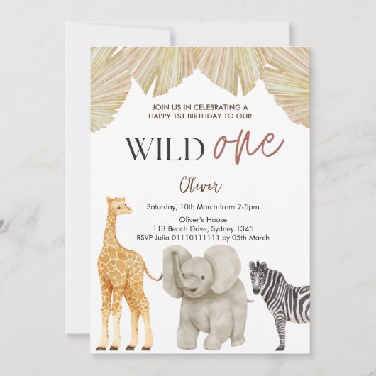 Wild One Safari Theme First Birthday Invitation Kaart (Voorkant)