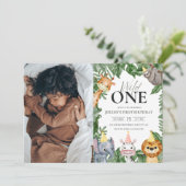 Wild One Safari Theme Foto First Birthday Kaart (Staand voorkant)