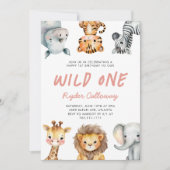 Wild One Safari Theme Girl's First Birthday Party Kaart (Voorkant)