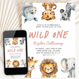 Wild One Safari Theme Girl's First Birthday Party Kaart