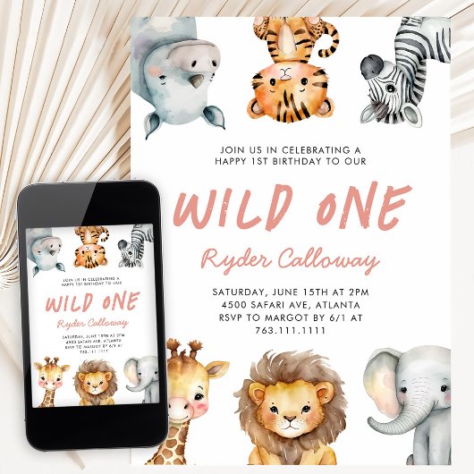 Wild One Safari Theme Girl's First Birthday Party Kaart