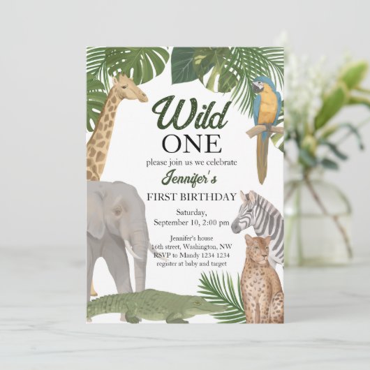Wild One Safari Tropic Birthday Invitation Kaart (Staand voorkant)