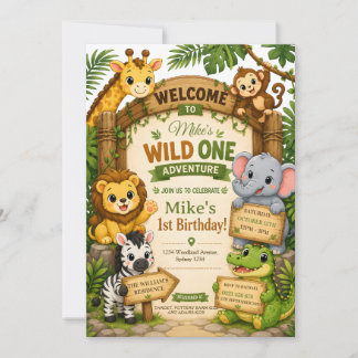 Wild One Safari Verjaardagsuitnodiging | Cute Jung Kaart