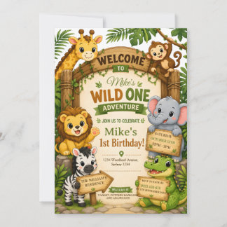 Wild One Safari Verjaardagsuitnodiging | Cute Jung Kaart