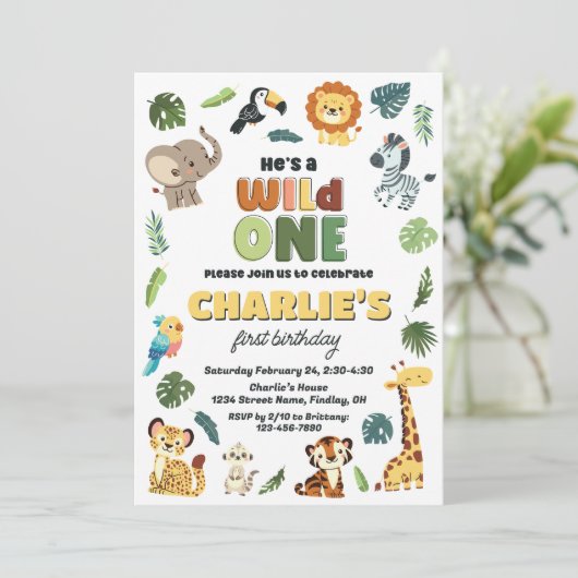 Wild One Safari Zoo Animal Verjaardagsfeest Elke L Kaart (Staand voorkant)
